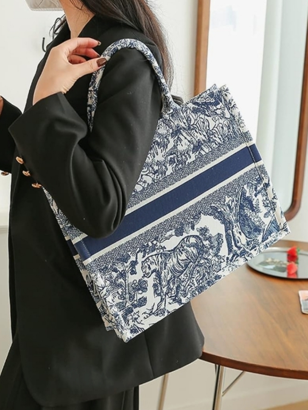 Tote Bag Cotton Linen Handbag Large Capacity Jacquard Retro Exquisite